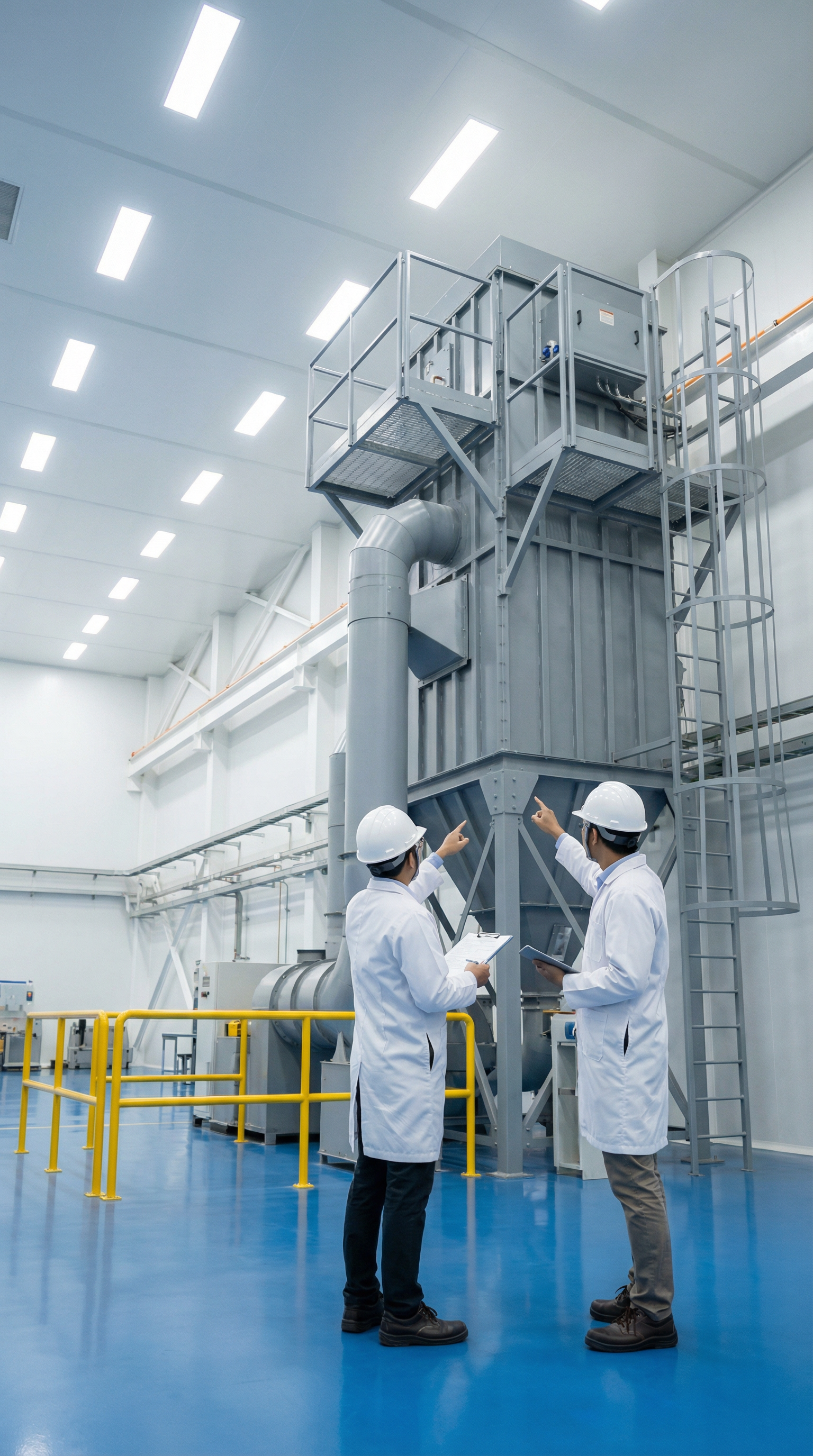 Professional engineers with safety helmets inspecting dust collector equipment